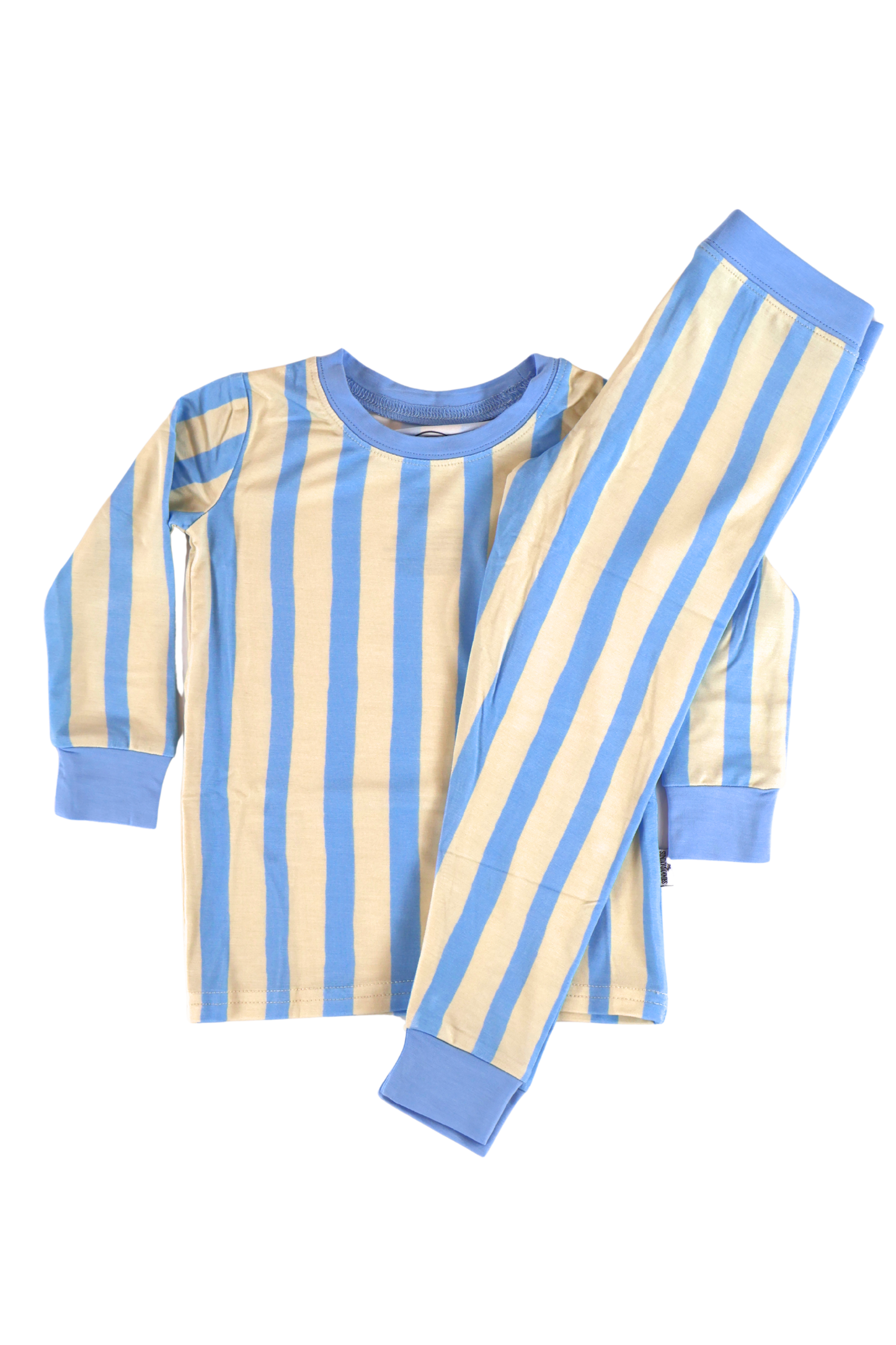 Our two-piece Coastal Stripes jammies feature soft blue and cream vertical stripes with complementary soft blue cuffs and trim.