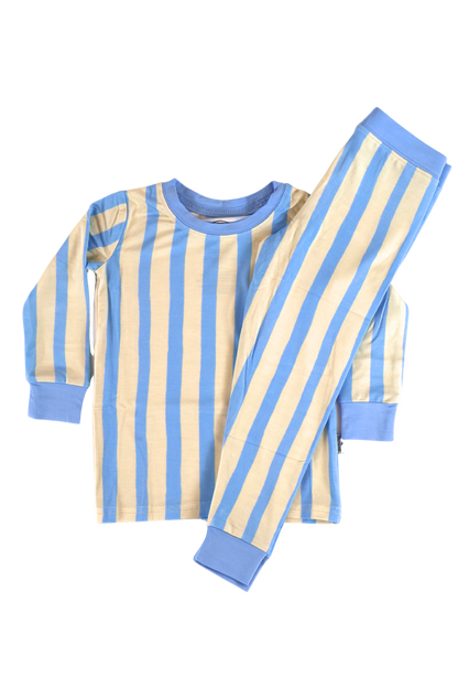 Our two-piece Coastal Stripes jammies feature soft blue and cream vertical stripes with complementary soft blue cuffs and trim.