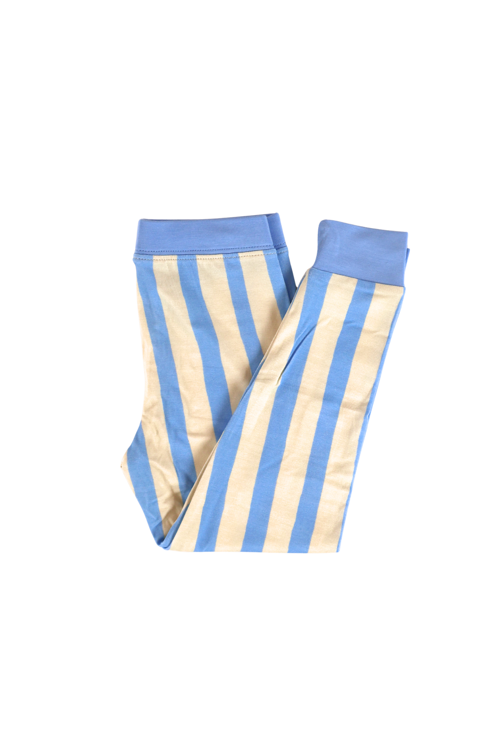 Our two-piece Coastal Stripes jammies feature soft blue and cream vertical stripes with complementary soft blue cuffs and trim.
