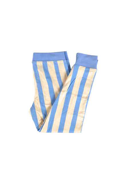 Our two-piece Coastal Stripes jammies feature soft blue and cream vertical stripes with complementary soft blue cuffs and trim.