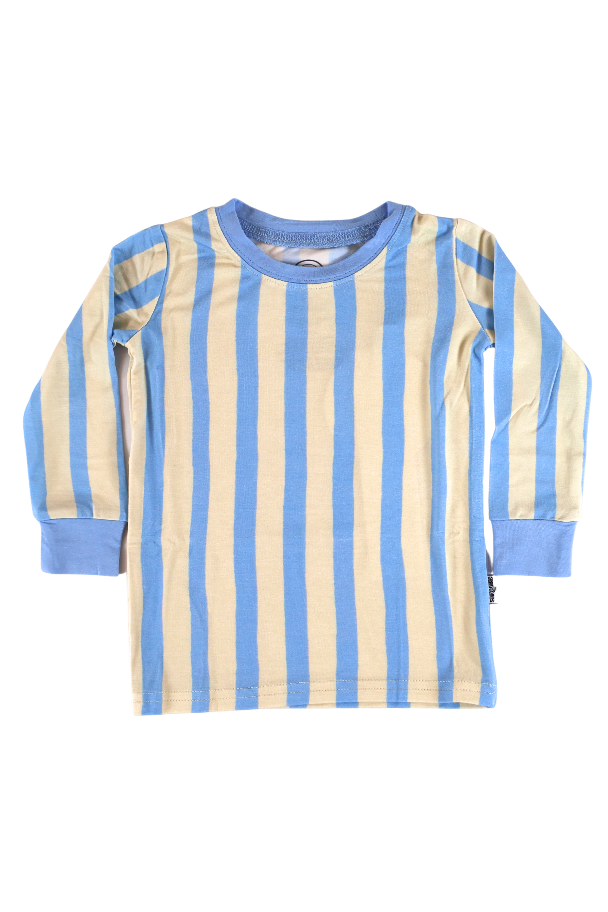 Our two-piece Coastal Stripes jammies feature soft blue and cream vertical stripes with complementary soft blue cuffs and trim.