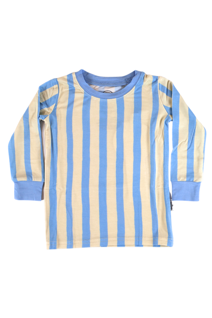 Our two-piece Coastal Stripes jammies feature soft blue and cream vertical stripes with complementary soft blue cuffs and trim.