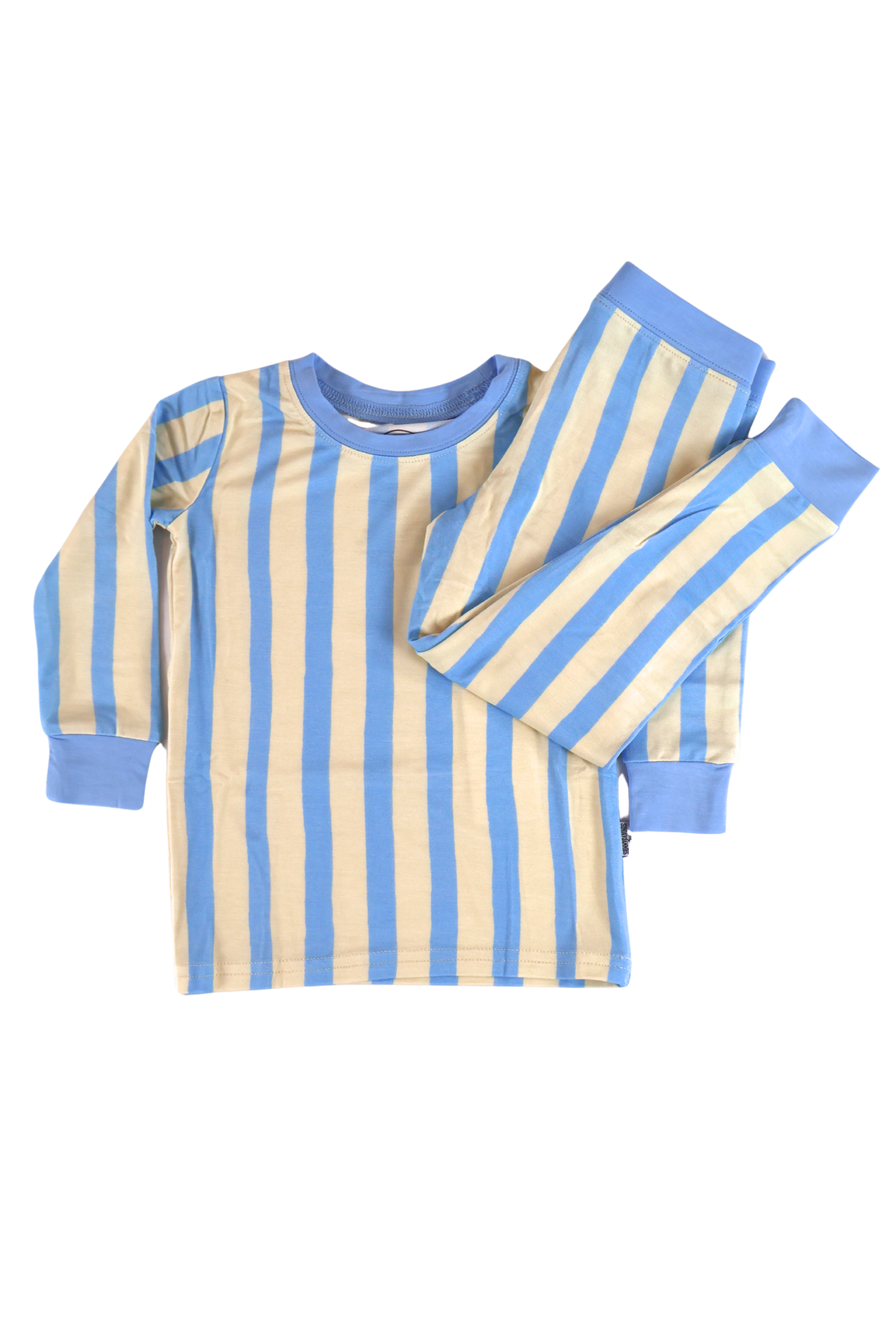 Our two-piece Coastal Stripes jammies feature soft blue and cream vertical stripes with complementary soft blue cuffs and trim.