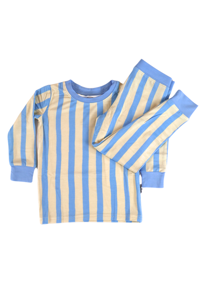 Our two-piece Coastal Stripes jammies feature soft blue and cream vertical stripes with complementary soft blue cuffs and trim.