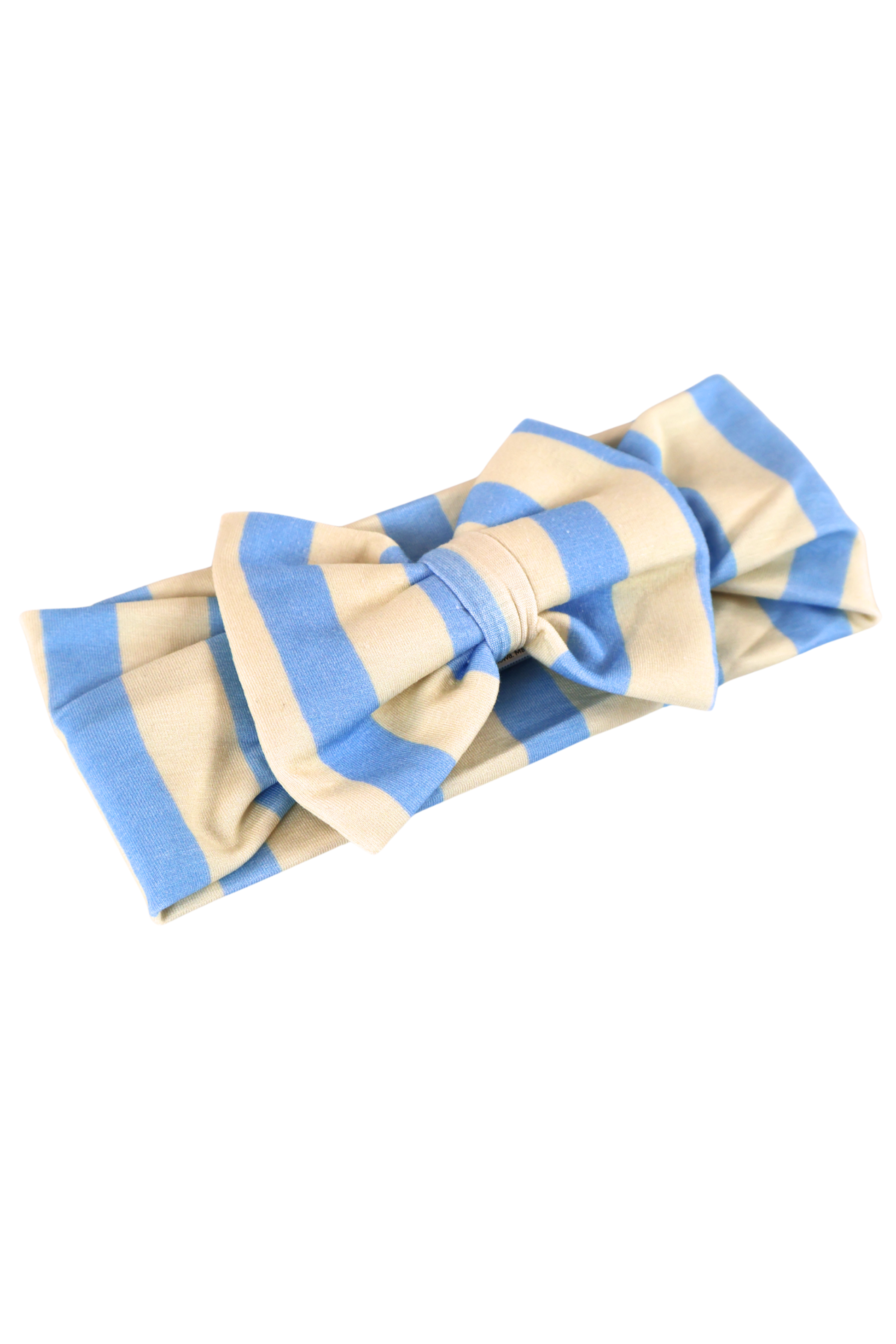 Our Coastal Stripes headband bow features soft blue and cream vertical stripes.