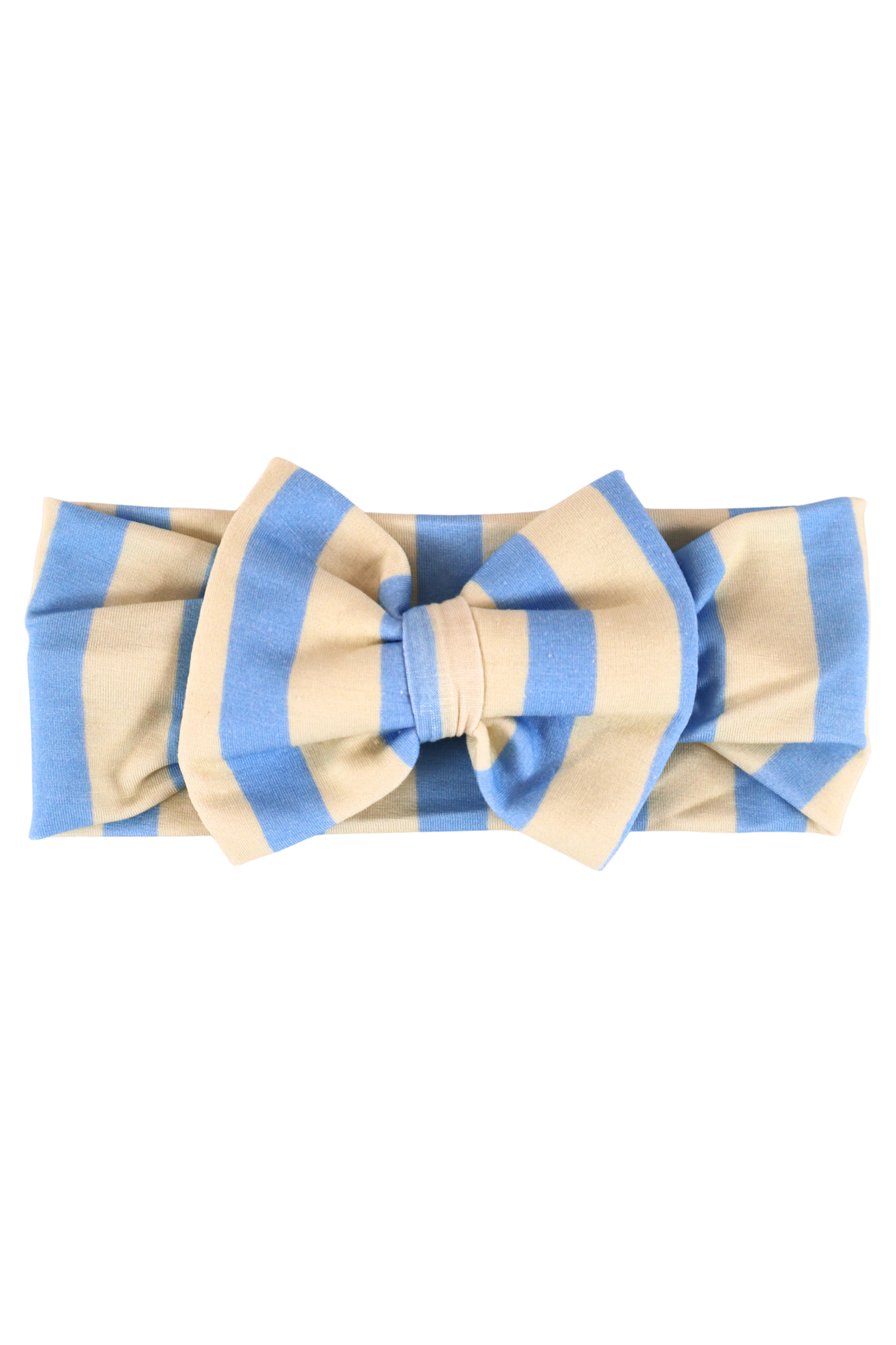 Our Coastal Stripes headband bow features soft blue and cream vertical stripes.