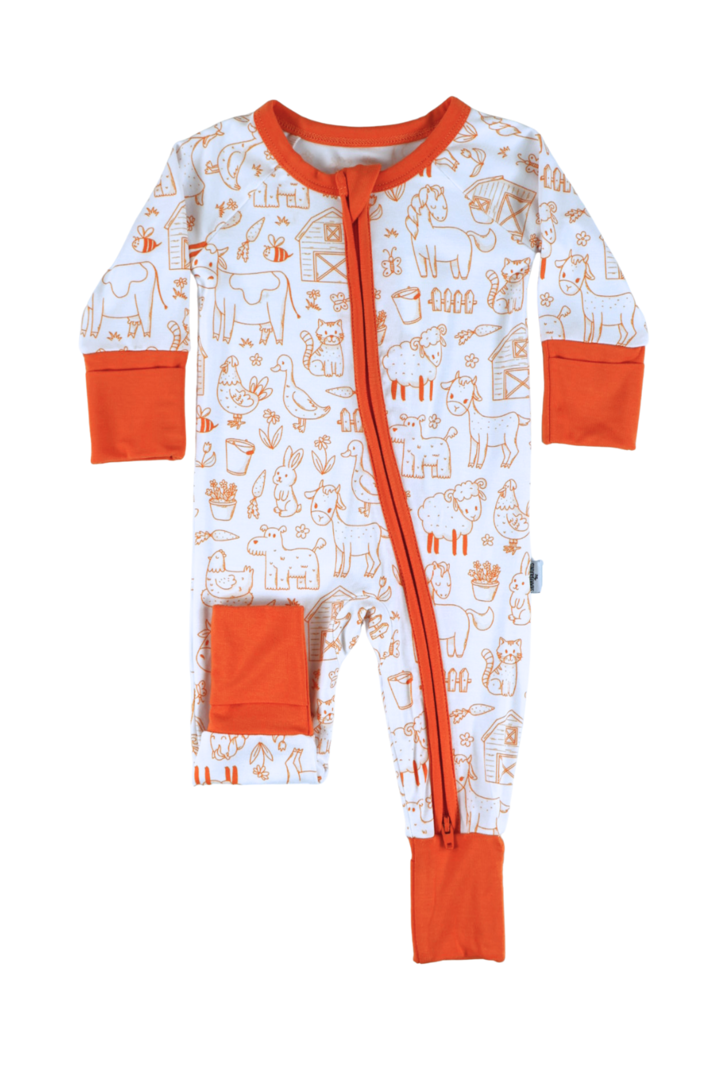 Our one-piece Barnyard Buddies zipper jammies are a charming farm-inspired design featuring a variety of animals including cows, chickens, horses, dogs, cats and more across a white background with matching orange cuffs and trim.