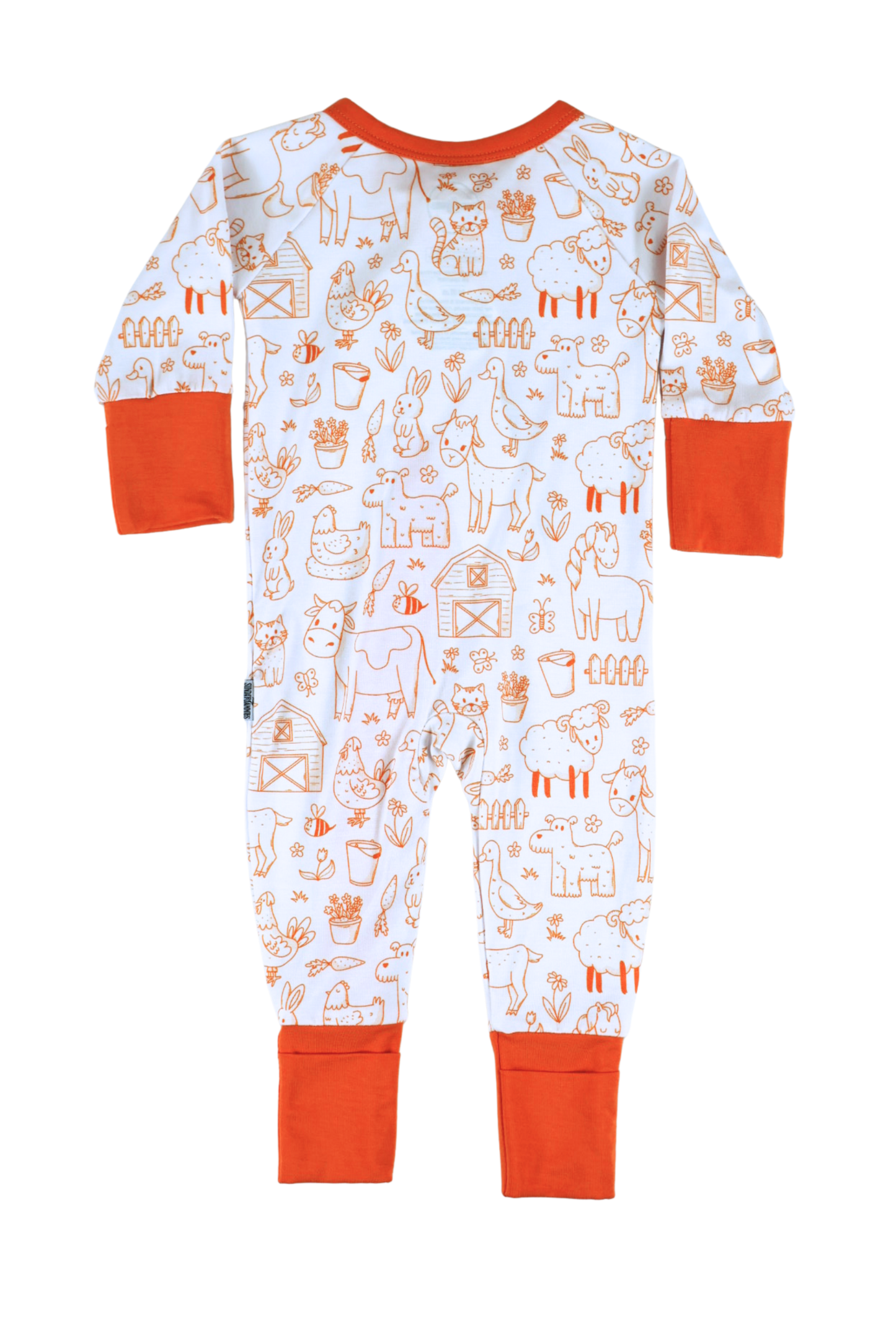 Our one-piece Barnyard Buddies zipper jammies are a charming farm-inspired design featuring a variety of animals including cows, chickens, horses, dogs, cats and more across a white background with matching orange cuffs and trim.