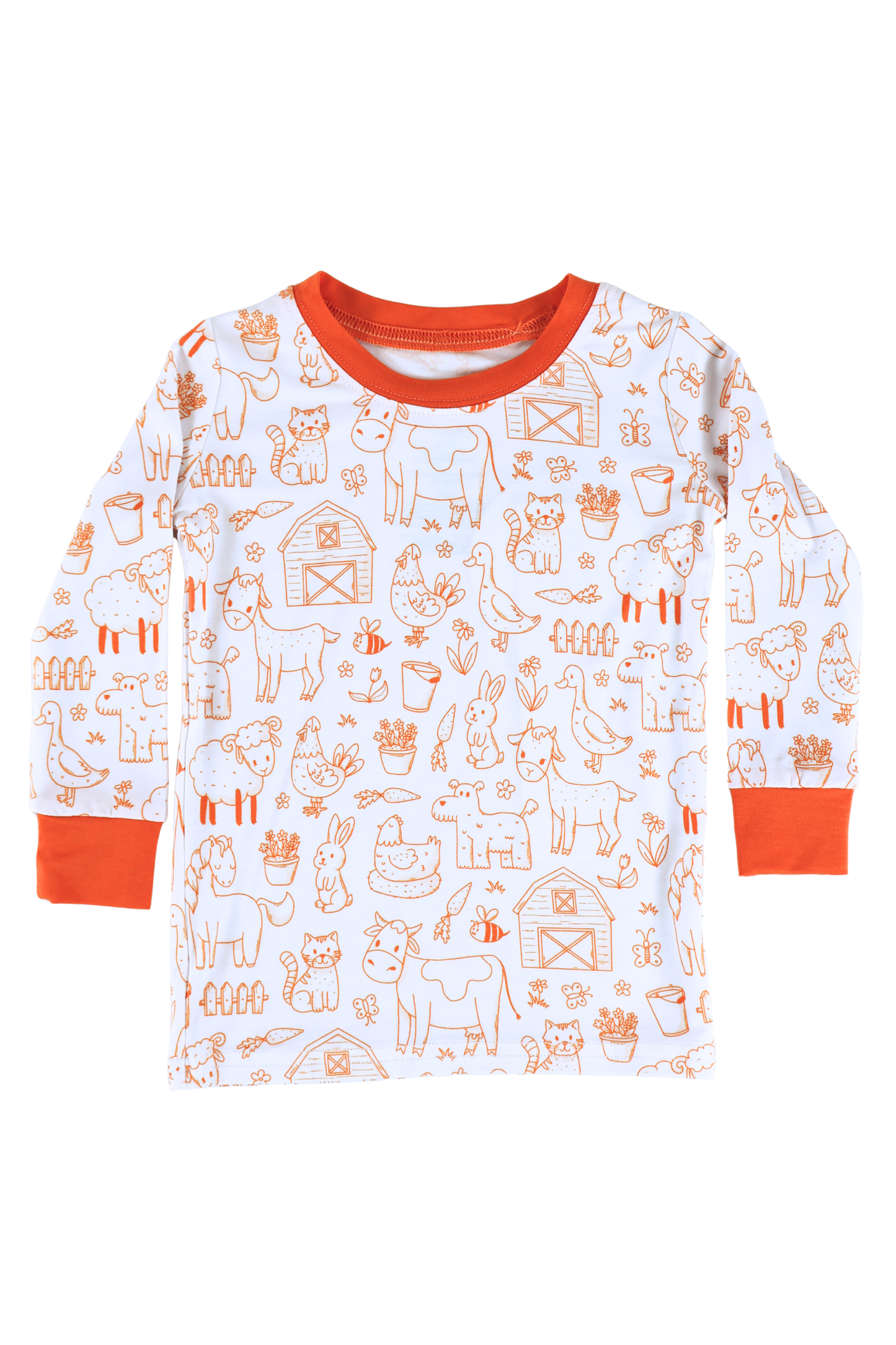 Our two-piece Barnyard Buddies jammies are a charming farm-inspired design featuring a variety of animals including cows, chickens, horses, dogs, cats and more across a white background with matching orange cuffs and trim.