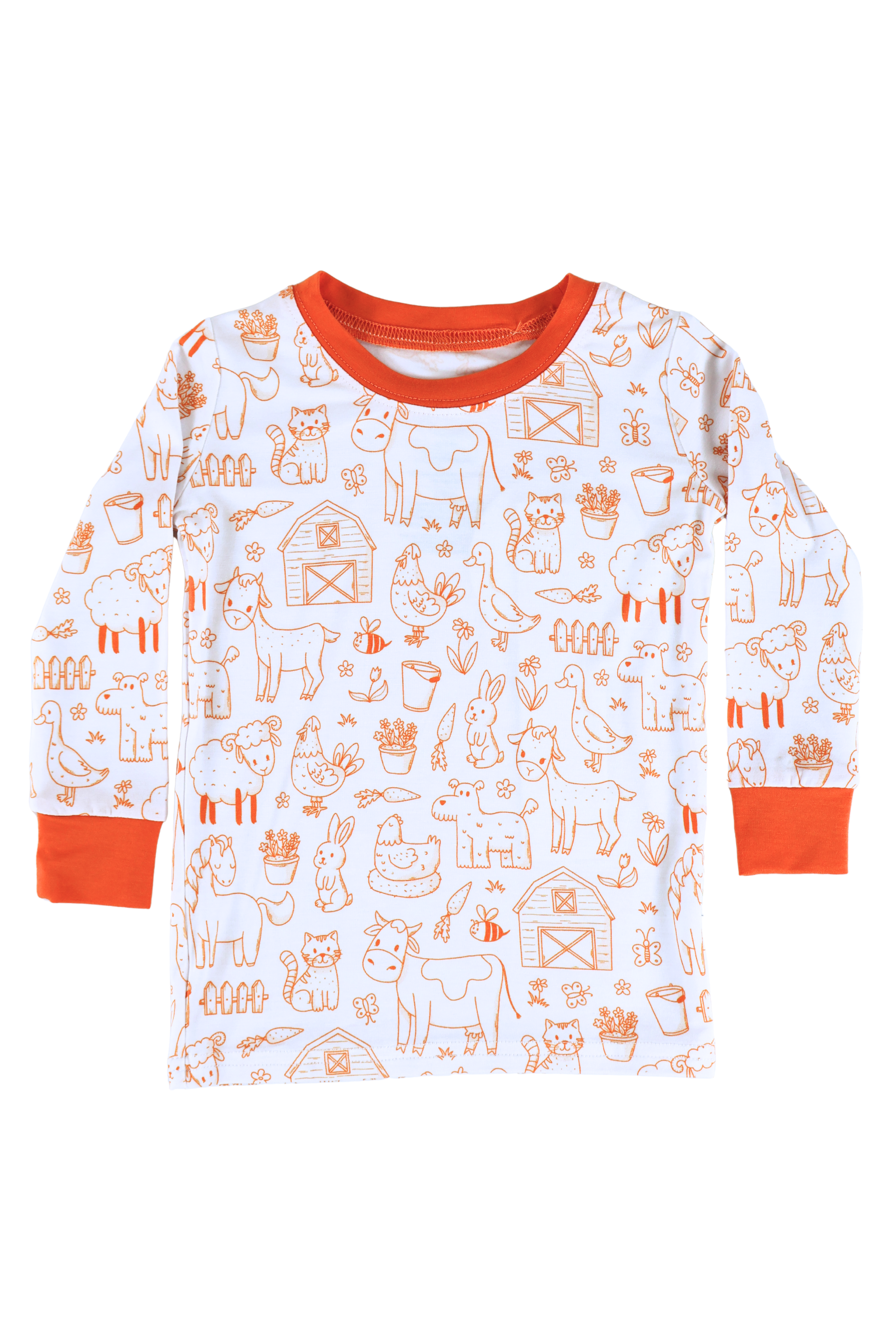 Our two-piece Barnyard Buddies jammies are a charming farm-inspired design featuring a variety of animals including cows, chickens, horses, dogs, cats and more across a white background with matching orange cuffs and trim.