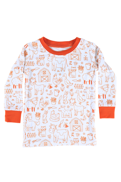 Our two-piece Barnyard Buddies jammies are a charming farm-inspired design featuring a variety of animals including cows, chickens, horses, dogs, cats and more across a white background with matching orange cuffs and trim.