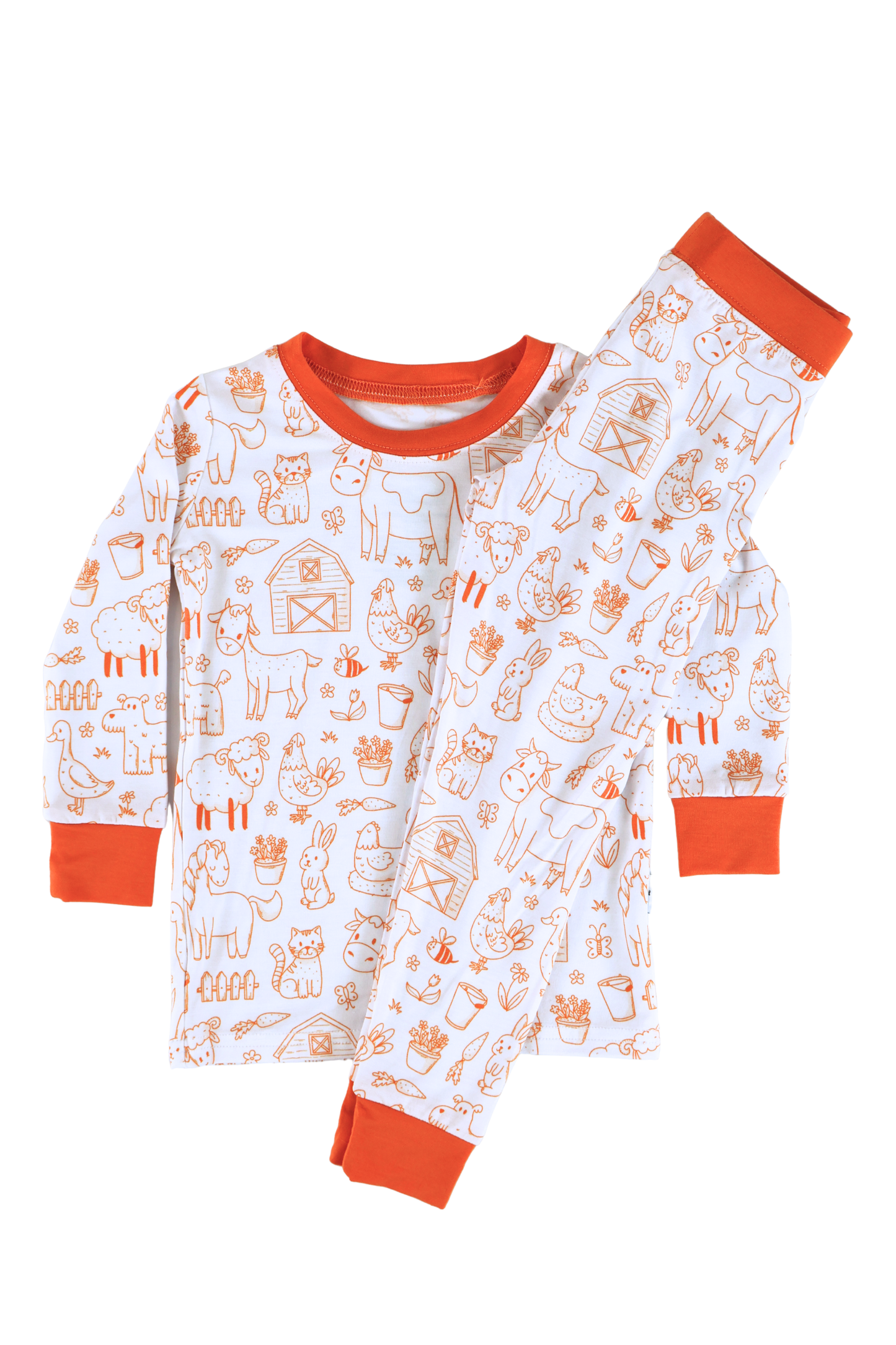 Our two-piece Barnyard Buddies jammies are a charming farm-inspired design featuring a variety of animals including cows, chickens, horses, dogs, cats and more across a white background with matching orange cuffs and trim.