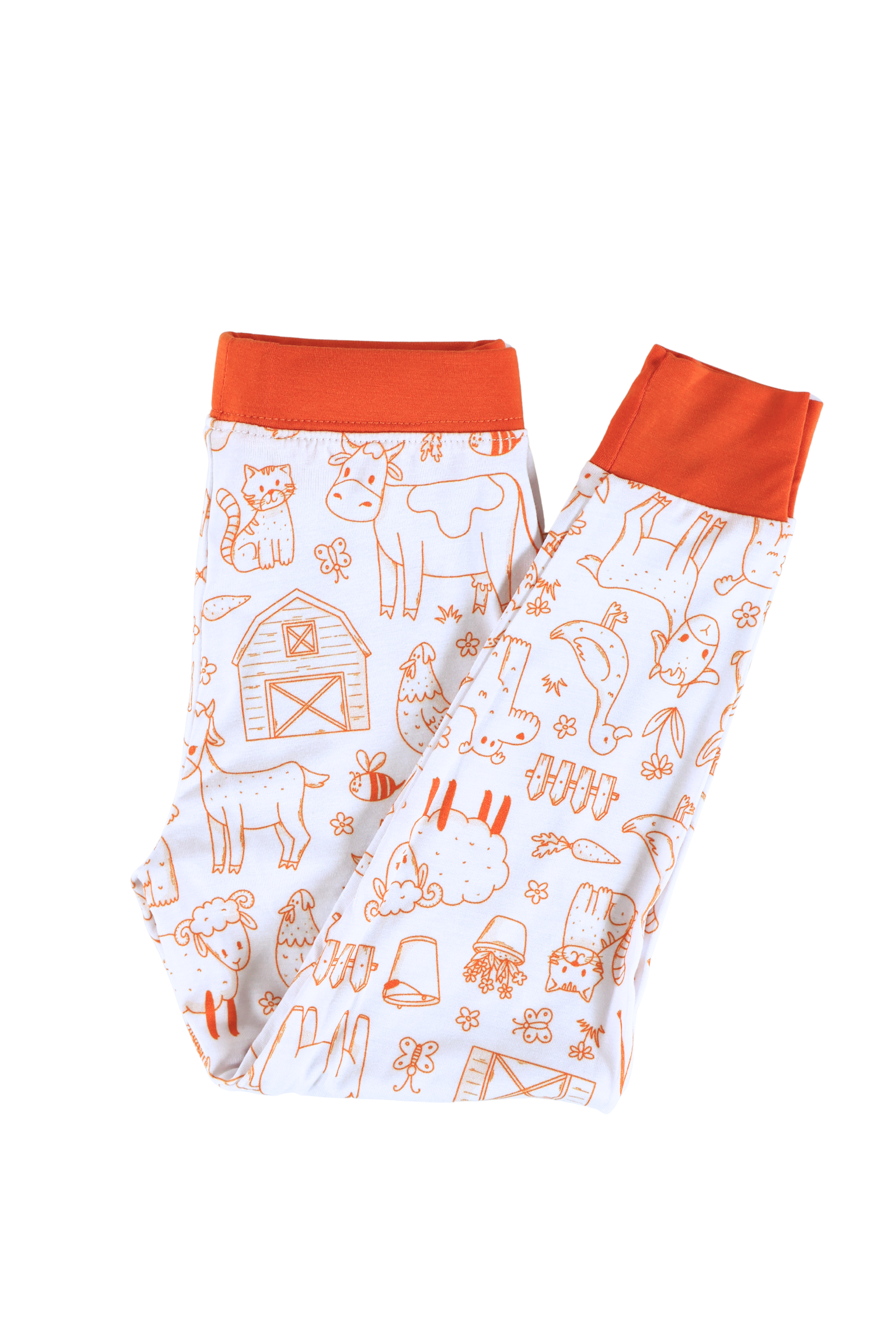 Our two-piece Barnyard Buddies jammies are a charming farm-inspired design featuring a variety of animals including cows, chickens, horses, dogs, cats and more across a white background with matching orange cuffs and trim.