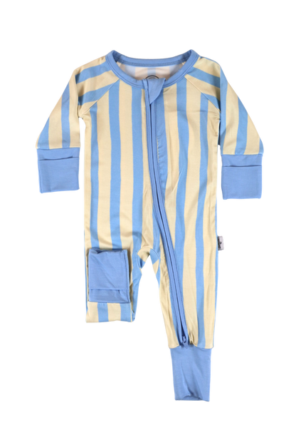 Our one-piece Coastal Stripes zipper jammies feature soft blue and cream vertical stripes with complementary soft blue cuffs and trim.