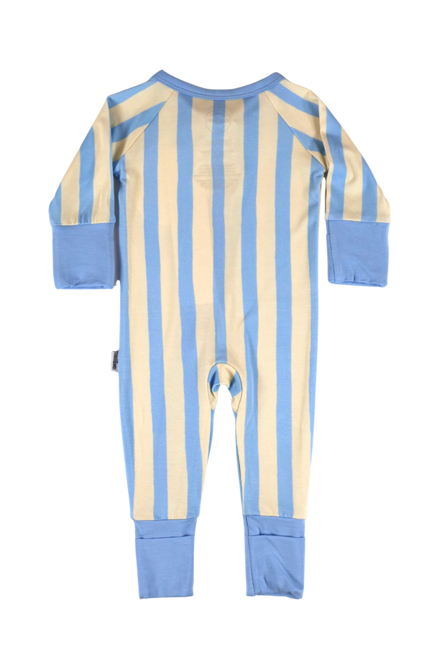 Our one-piece Coastal Stripes zipper jammies feature soft blue and cream vertical stripes with complementary soft blue cuffs and trim.