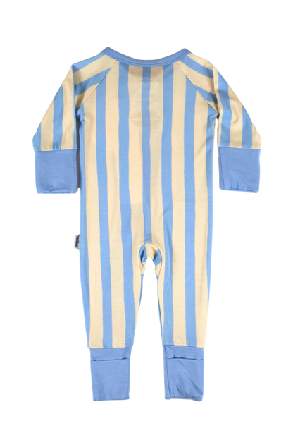 Our one-piece Coastal Stripes zipper jammies feature soft blue and cream vertical stripes with complementary soft blue cuffs and trim.