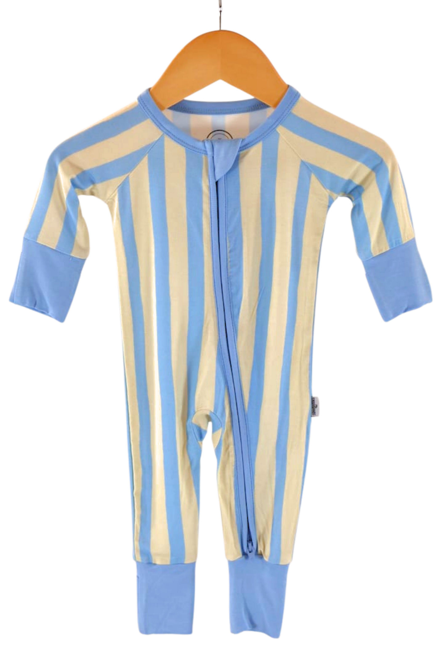 Our one-piece Coastal Stripes zipper jammies feature soft blue and cream vertical stripes with complementary soft blue cuffs and trim.