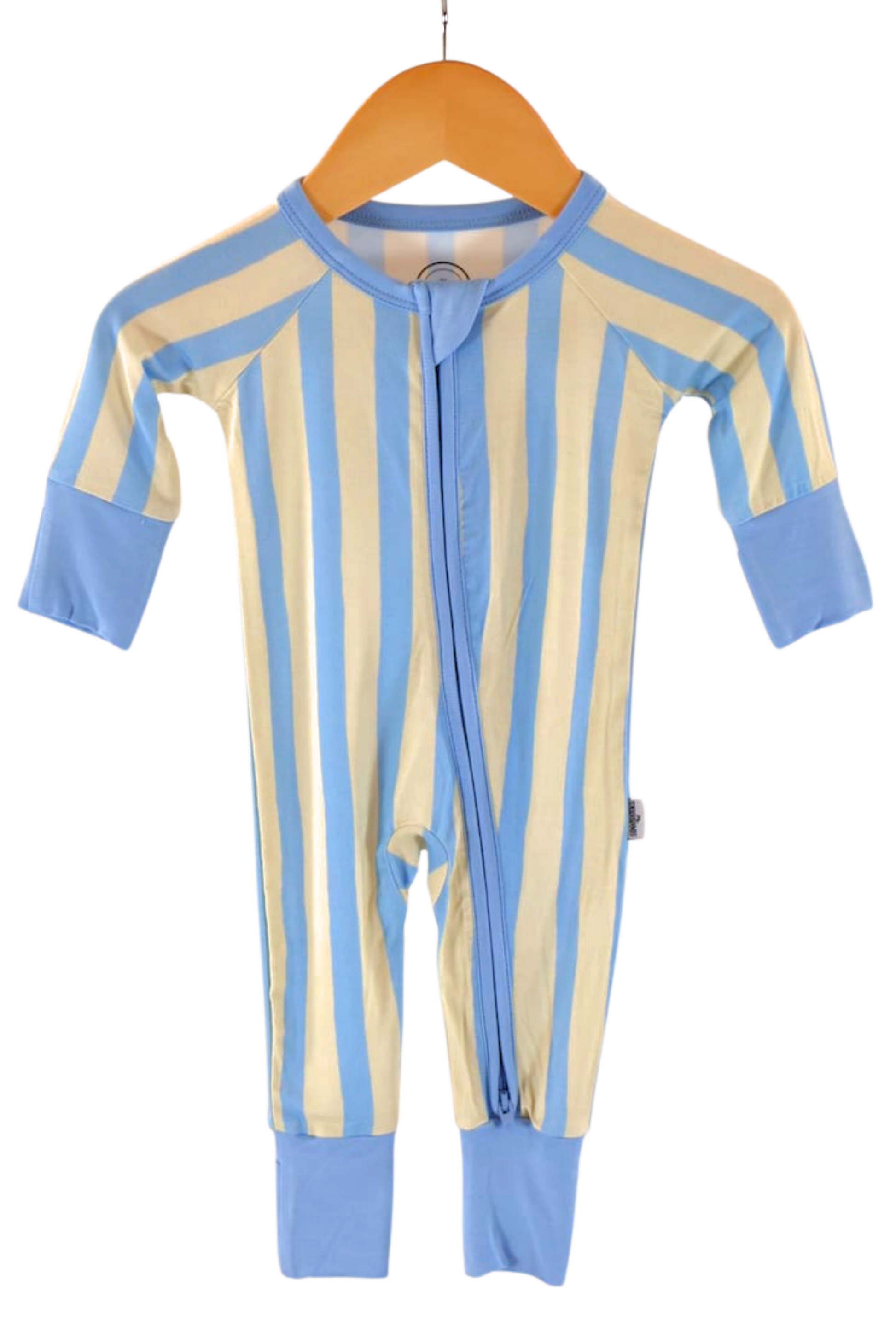 Our one-piece Coastal Stripes zipper jammies feature soft blue and cream vertical stripes with complementary soft blue cuffs and trim.